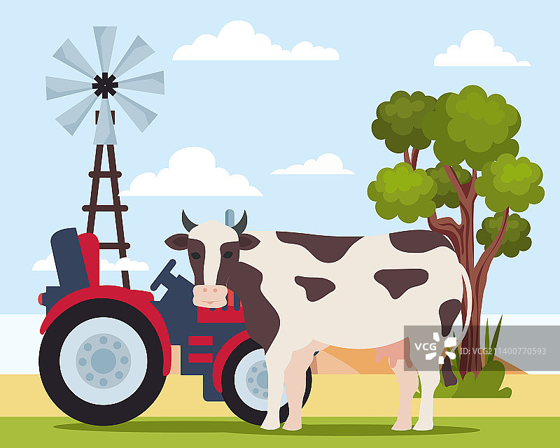 农场奶牛和拖拉机图片素材