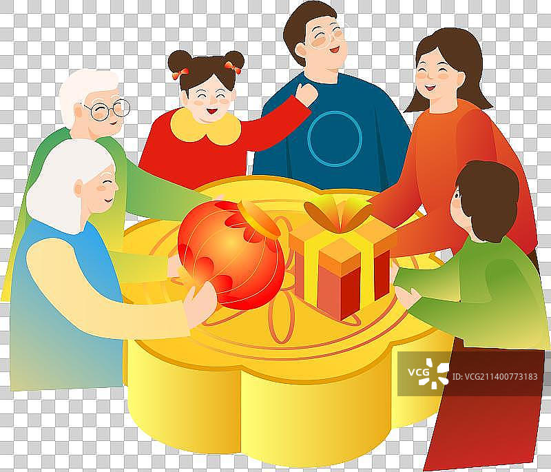 一家人团聚祖孙三代月饼相聚做礼物扁平矢量插画图片素材