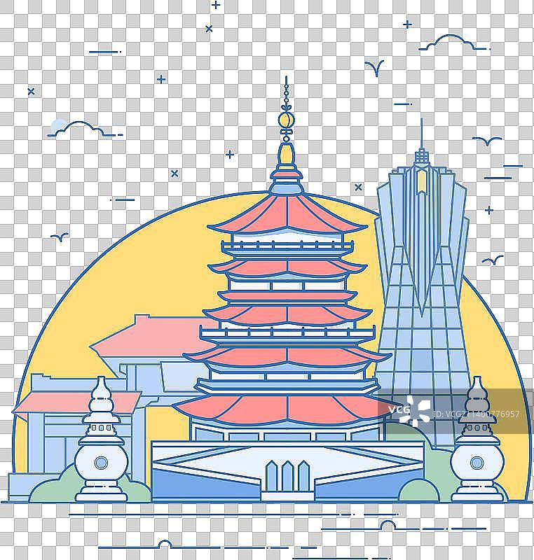 MBE极简线描风杭州城市插画图片素材