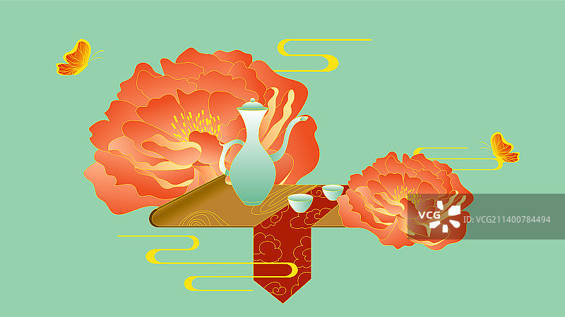 国潮牡丹和酒壶小场景矢量手绘插画图片素材