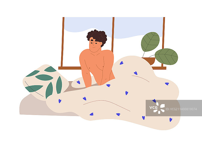 早上在床上醒来的快乐的困倦男人图片素材