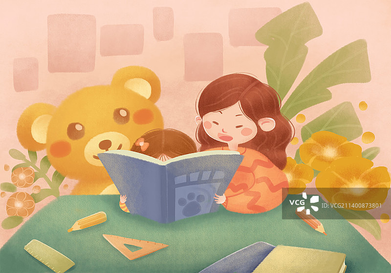 妈妈讲故事之儿童节节日肌理插画图片素材