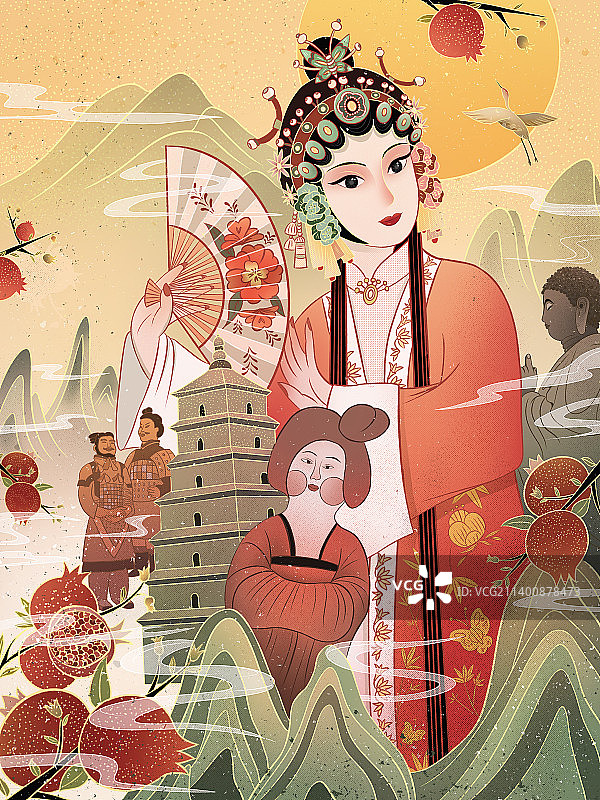 线性国风西安印象插画图片素材