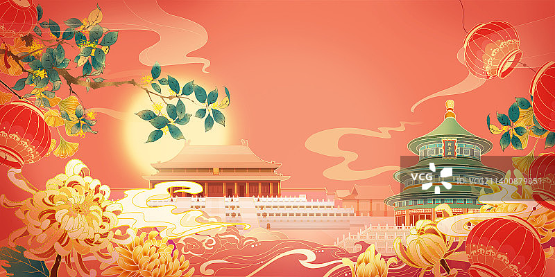 国庆中秋北京月亮金桂银杏灯笼节日图片素材