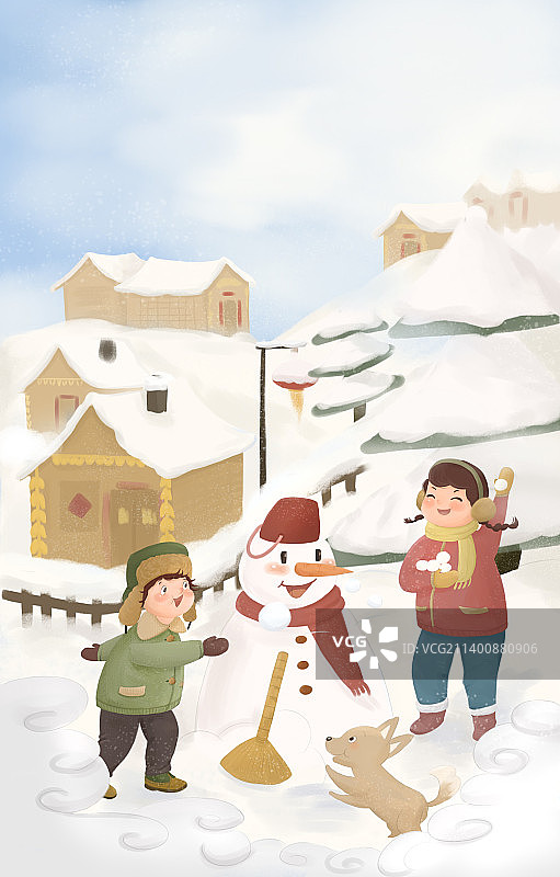 两个孩子大雪仗堆雪人图片素材