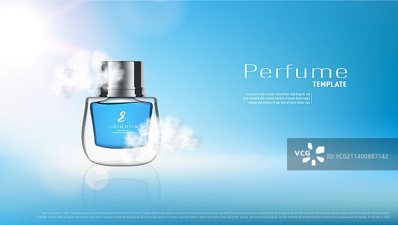 云朵中的3D香水喷雾瓶banner模板图片素材