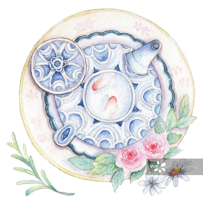 水彩手绘青花瓷一壶中国花茶图片素材
