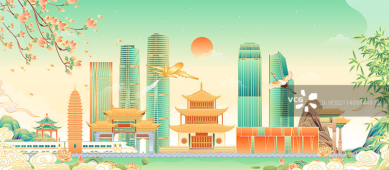 云南昆明城市天际线建筑插画图片素材