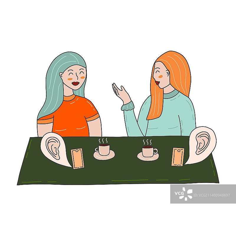 两个女孩在咖啡馆里用电话交谈，偷听电话图片素材