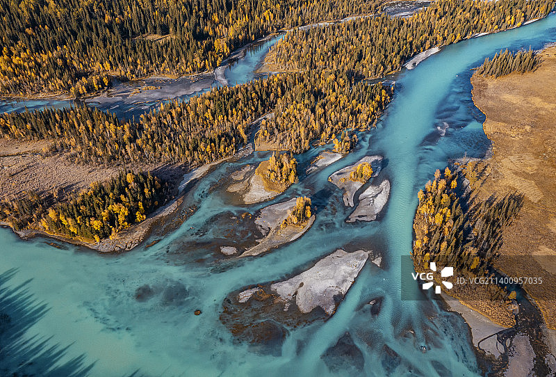 喀纳斯的秋天，航拍喀纳斯神仙湾，秋天的河流与森林图片素材