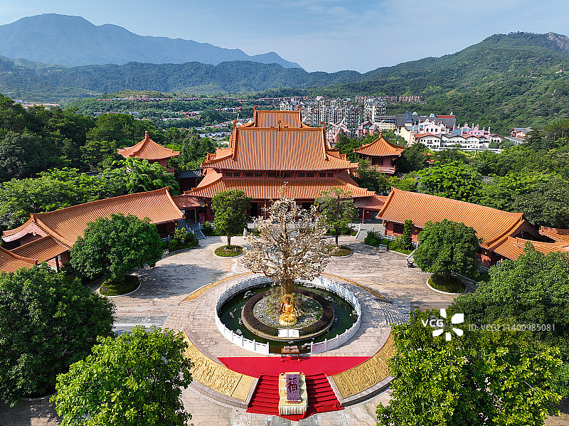 广东省河源市客天下国际旅游度假区巴伐利亚庄园福源寺航拍图片素材