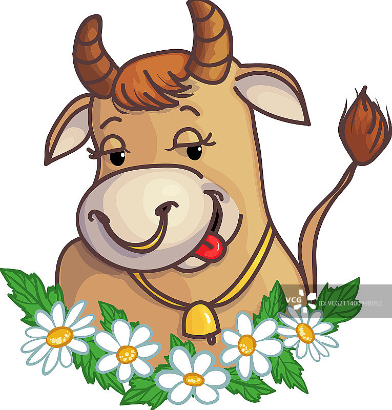 雏菊花丛中的卡通奶牛图片素材