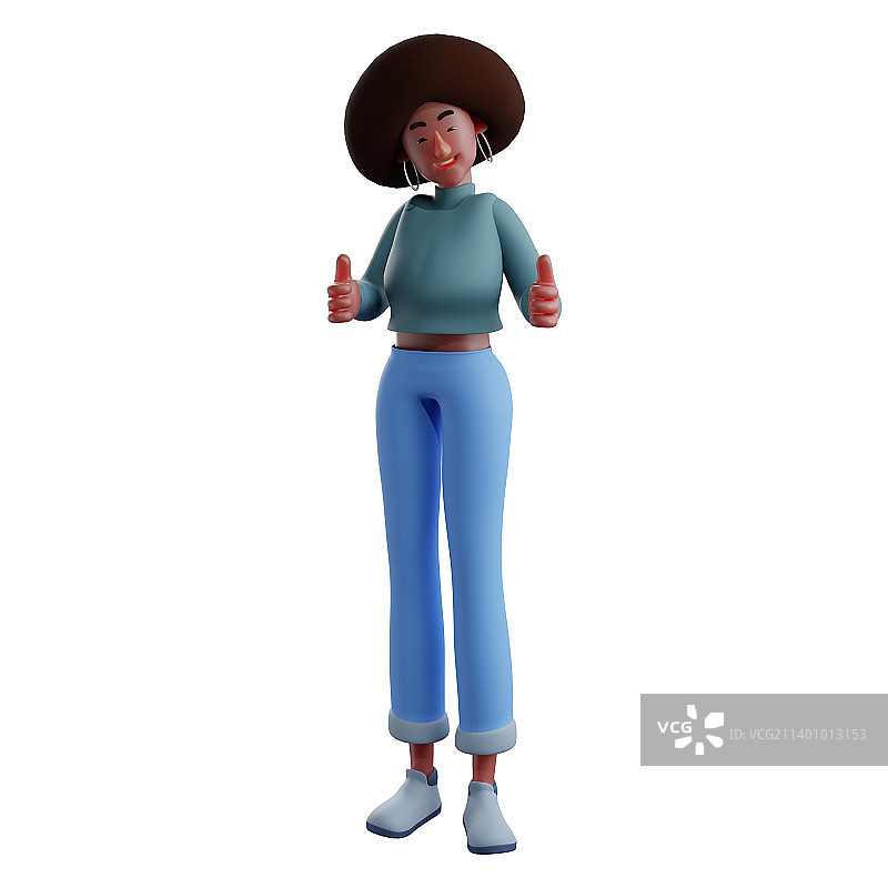 竖起两个大拇指的非洲裔女孩3D卡通设计图片素材