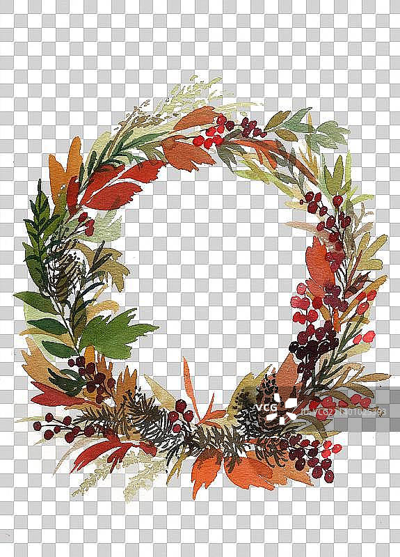 手绘圣诞花环花朵叶子冬天圣诞节日手绘插画图片素材