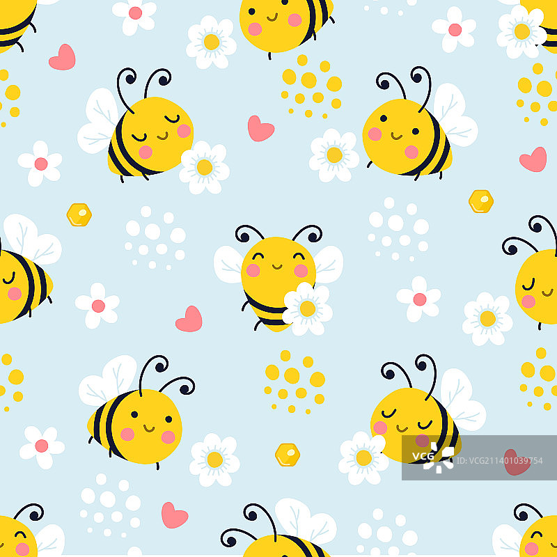 蜜蜂飞舞雏菊花朵草地无缝图案图片素材