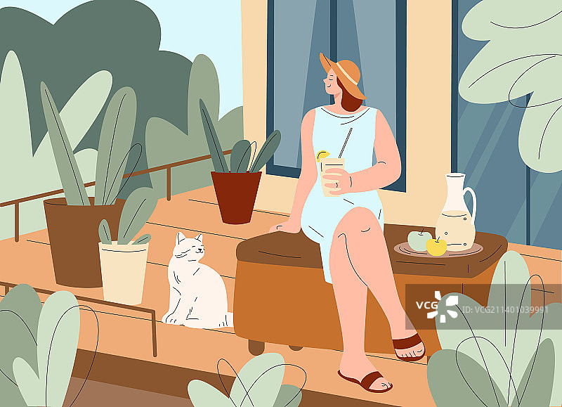 女人在阳台放松，享受夏日慢生活图片素材