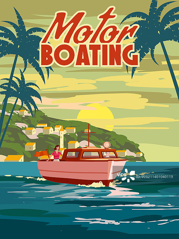 复古风格海上摩托艇之旅海报图片素材