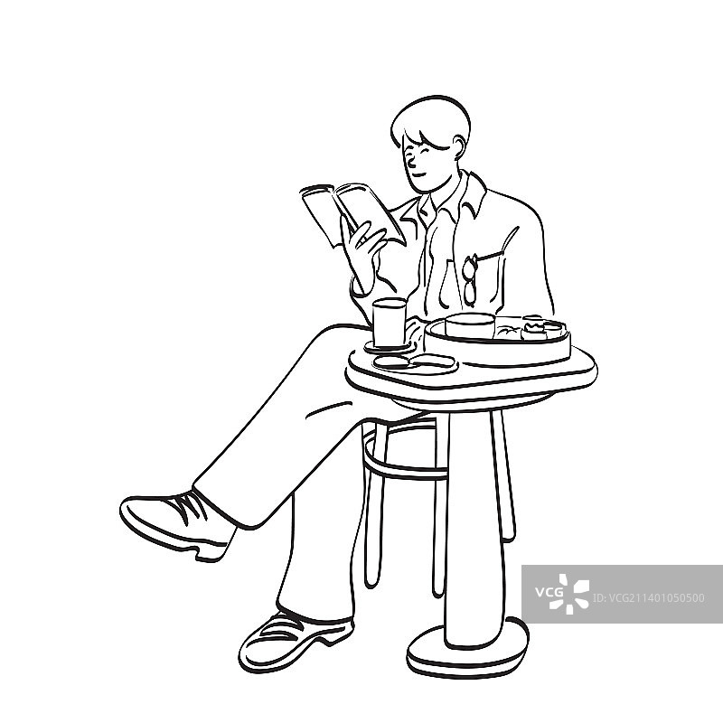 线条艺术：男人阅读书籍并享用美食图片素材