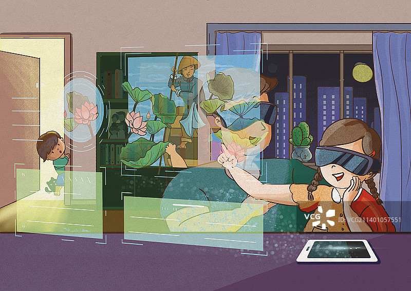 父女在家中用VR学习图片素材