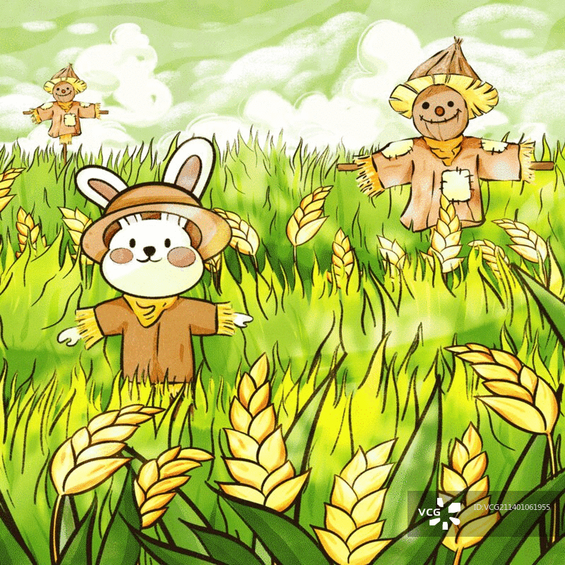 治愈系兔子吹水彩风动图夏季麦田图片素材
