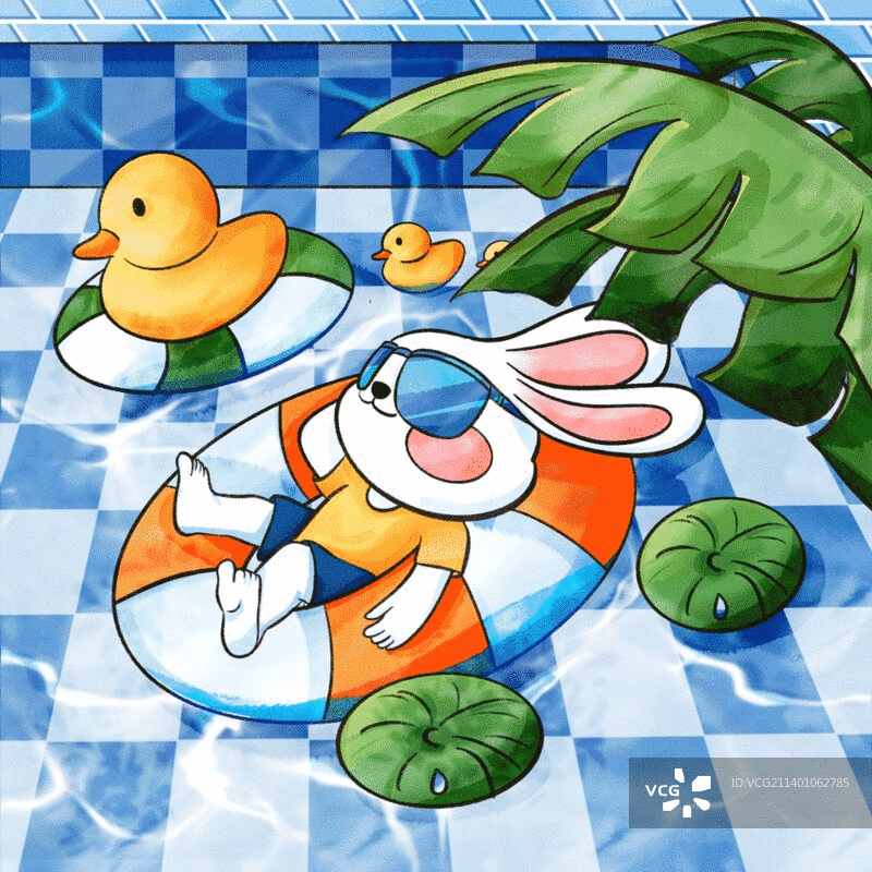 治愈系兔子吹水彩风动图泳池度假图片素材