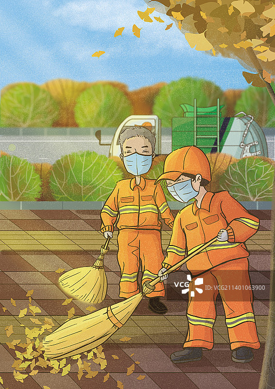 环卫工人在清扫路上的落叶图片素材