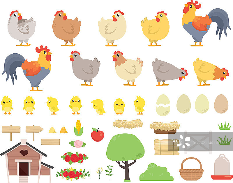 可爱的鸡舍与公鸡和小鸡图片素材