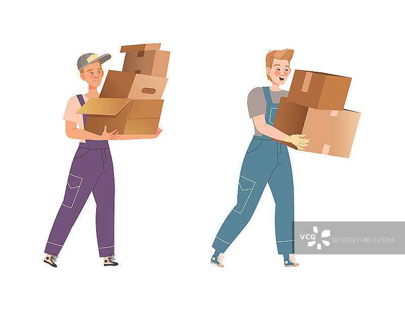 男人们用纸板搬运重物图片素材