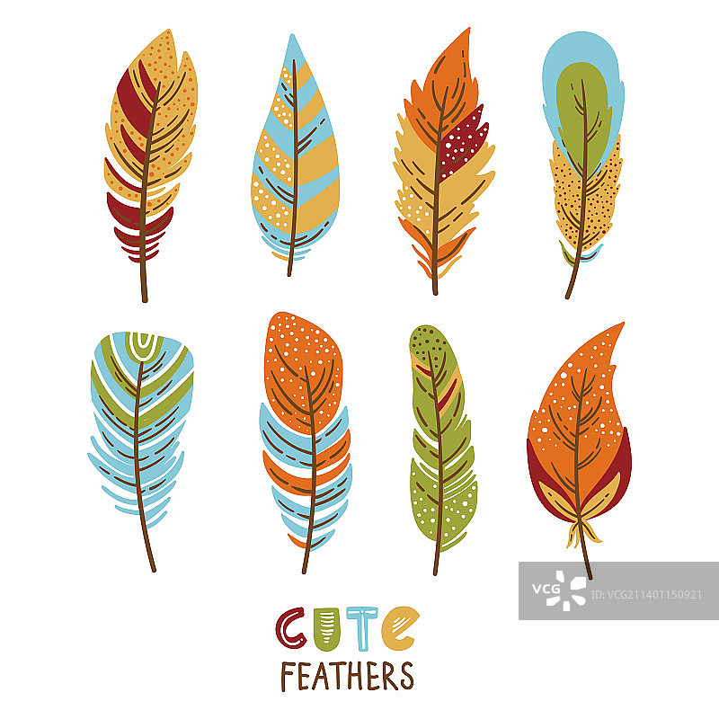 手绘彩色鸟羽毛图标集图片素材
