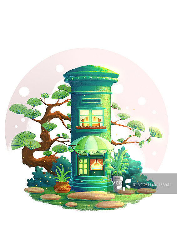 信筒房屋松树小场景盆景图片素材