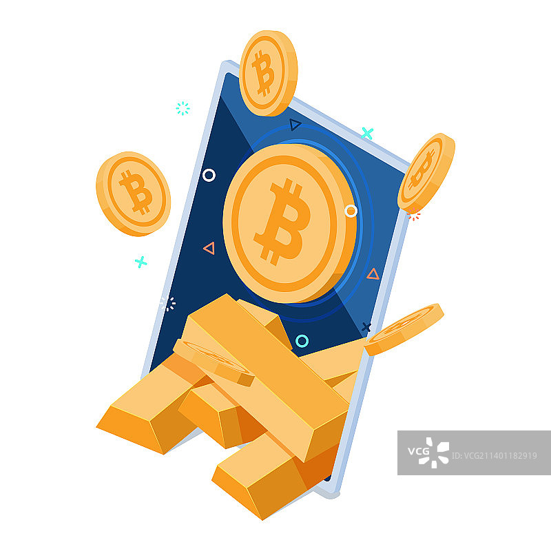 2.5D智能手机内含比特币和金条图片素材