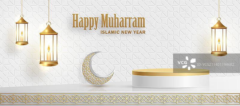 伊斯兰风格3D圆形展示台与金色图案图片素材