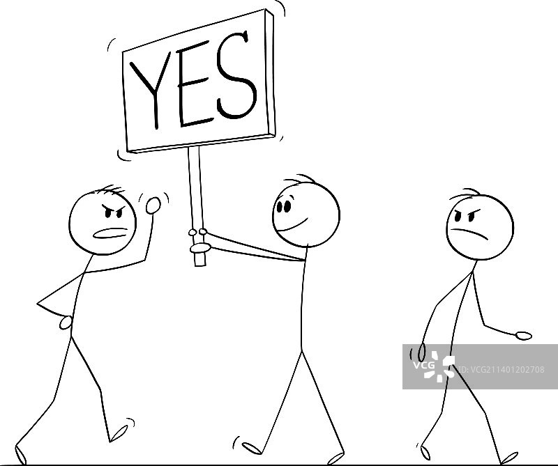 在街上行走并带有“yes”标志的人图片素材