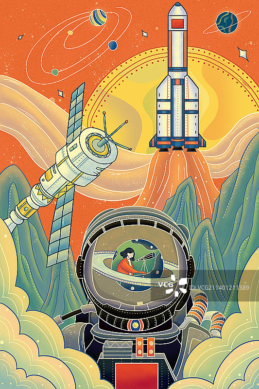 航空火箭科技国风线性插画图片素材