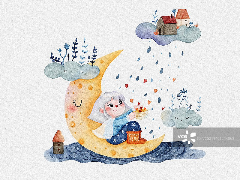可爱的小孩坐在月亮上图片素材