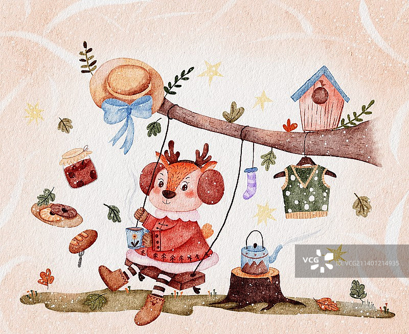 梅花鹿在森林里喝下午茶图片素材