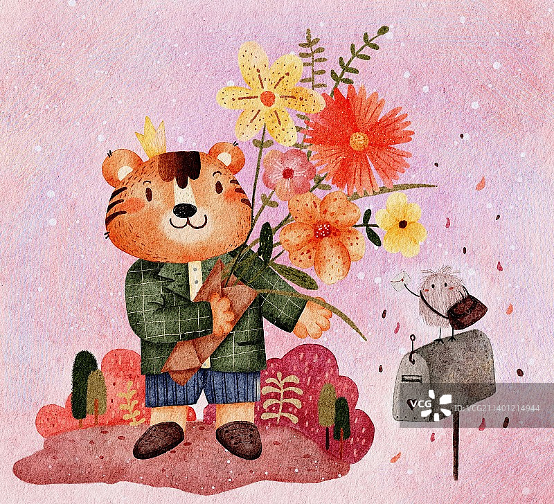 小老虎与花束图片素材