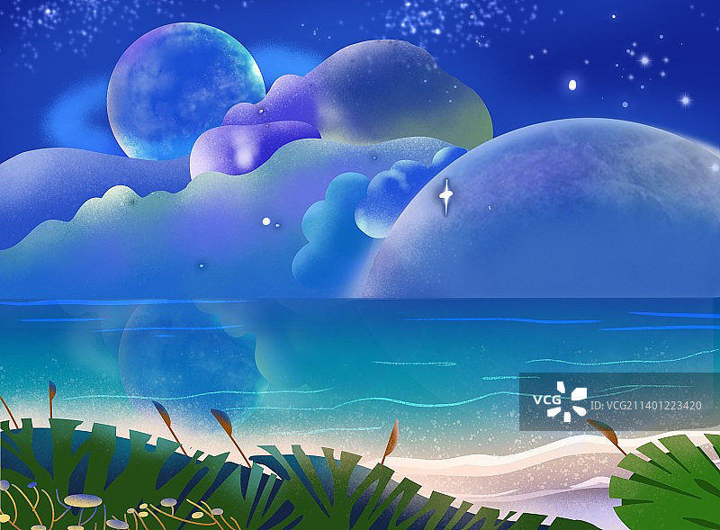 夜晚海边梦幻星球图片素材
