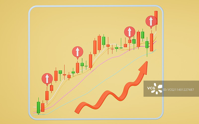 股票K线图上涨下跌趋势三维渲染图片素材