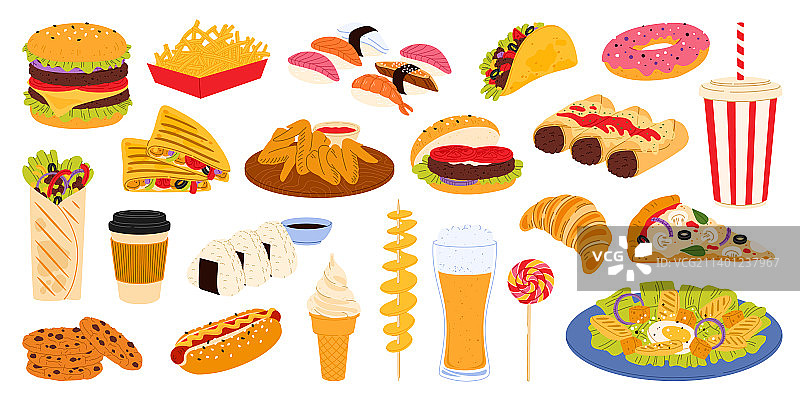 快餐汉堡披萨和饮料图片素材