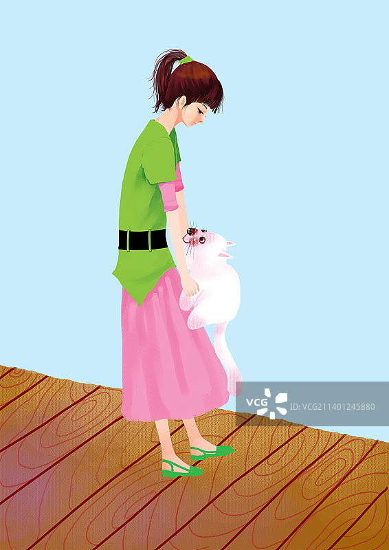 站在木地板上抱猫的女人图片素材