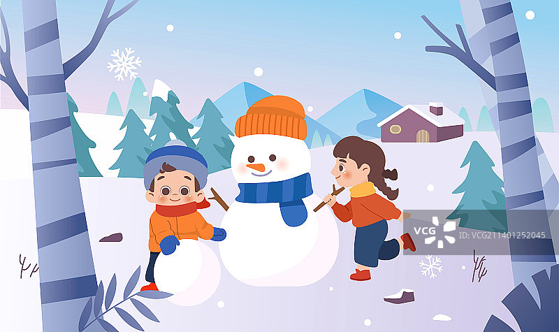 小朋友冬日堆雪人图片素材