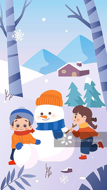 小朋友冬日堆雪人图片素材