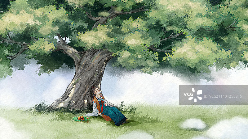 树下打瞌睡的古风小女孩图片素材