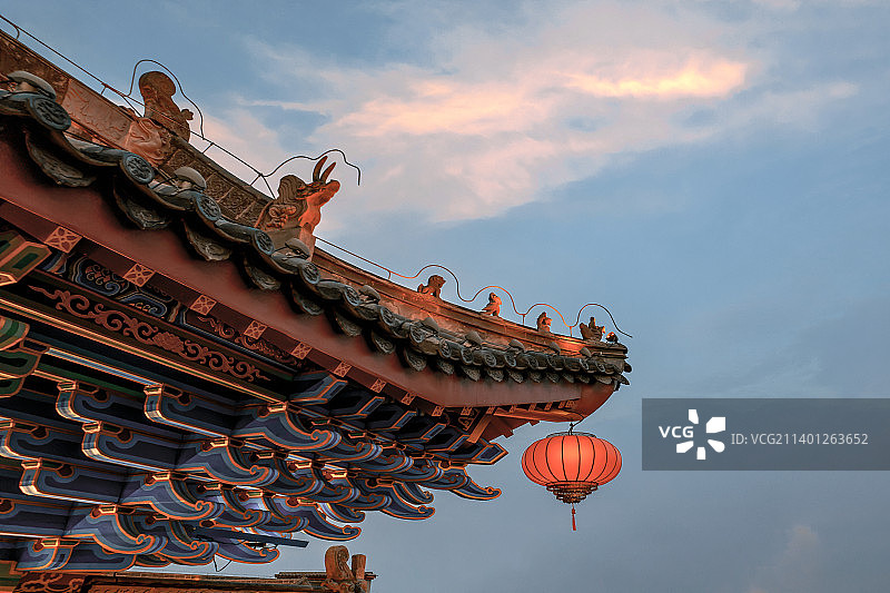 河洛古城、门楼、晚霞图片素材