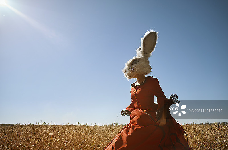 穿着维多利亚风格连衣裙，头戴兔子头饰在田野里奔跑的女人图片素材