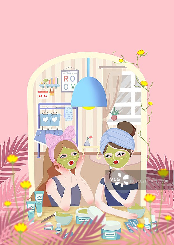 女生美容护肤敷面膜插画图片素材