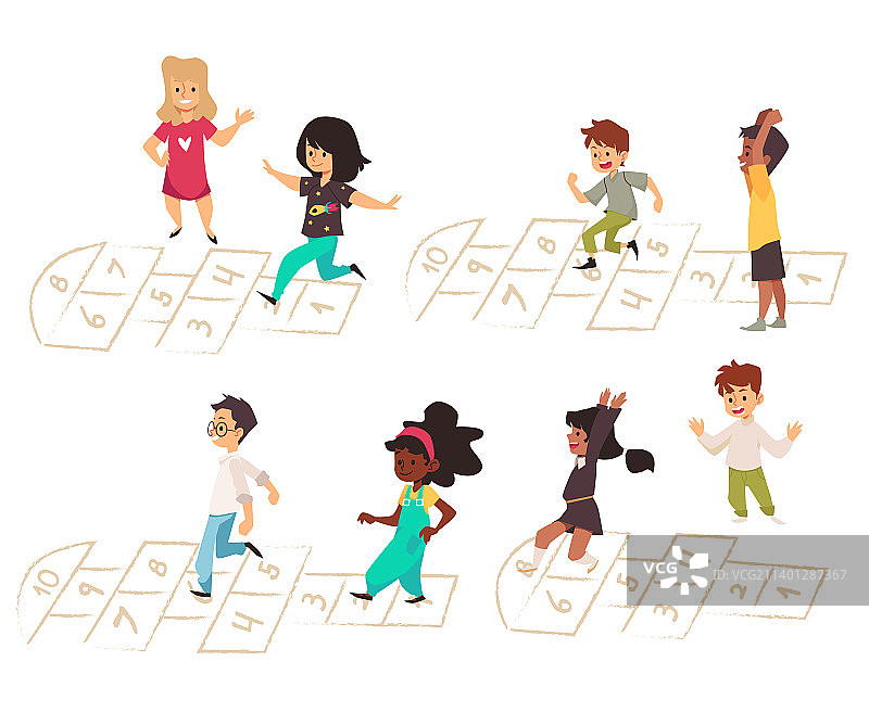 孩子们玩跳房子的卡通图片素材