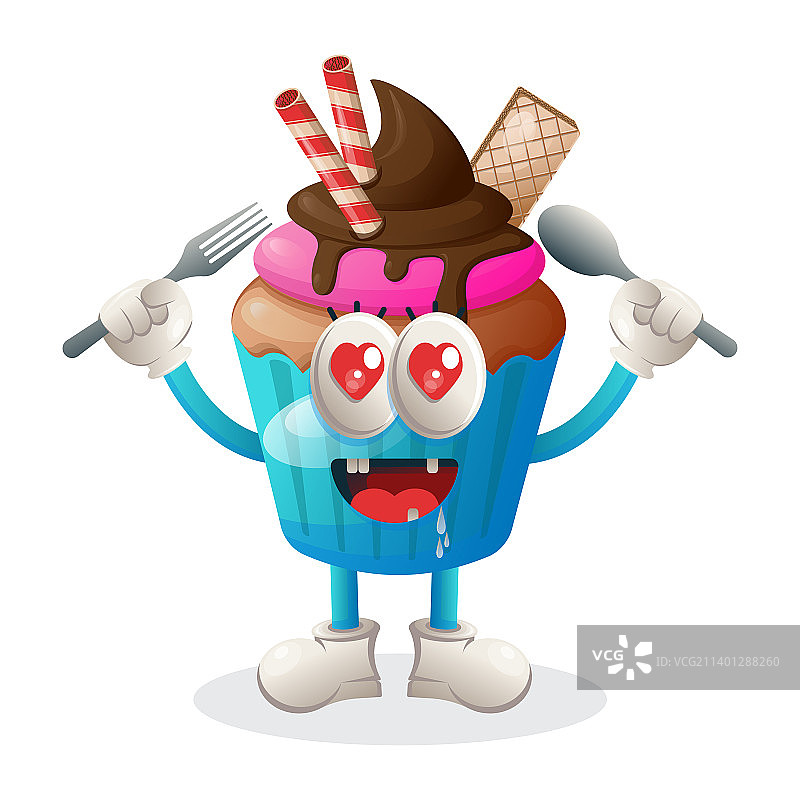 纸杯蛋糕吉祥物设计，手持勺子和叉子图片素材
