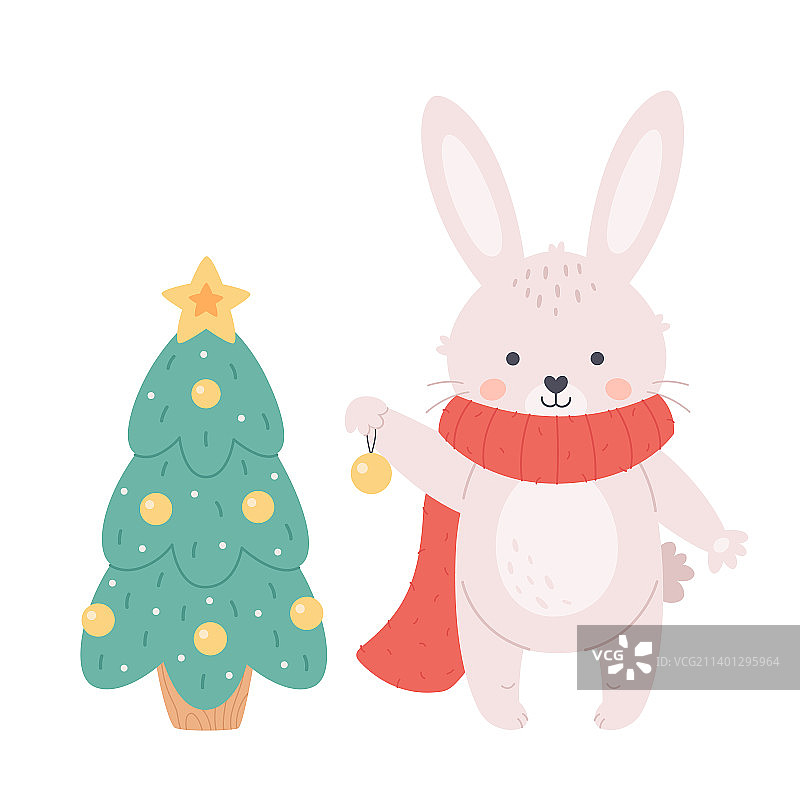 可爱的白色兔子装饰圣诞树图片素材